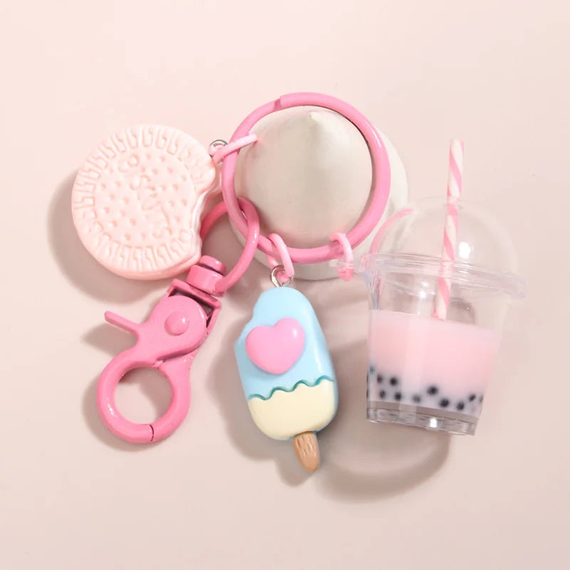 Cute Keychains Ice-cream Bubble Tea Biscuit Pink Key Rings - Bakyat Store