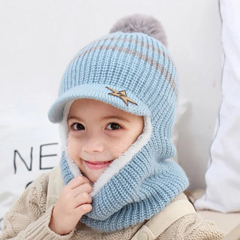 Pompom Baby Winter Hat Scarf One-piece - Bakyat Store