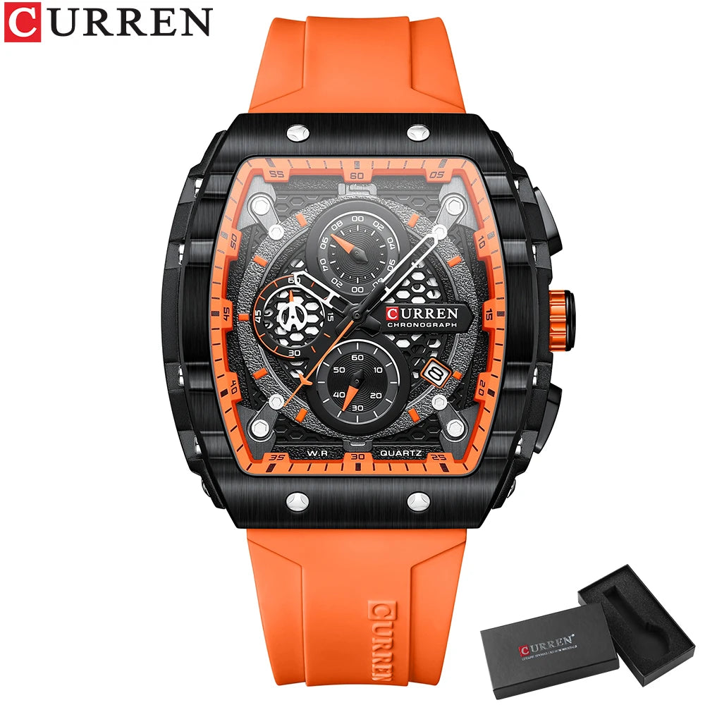 CURREN Sport Chronograph Quartz Watch for Men Fashion Blue Silicone Strap Tonneau Dial Wristwatch with Date 3atm Waterproof - Bakyat Store