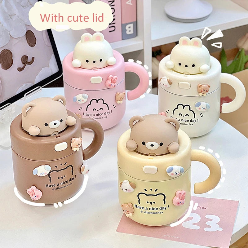 Kawaii Bear Coffee Thermal Cup Insulated Tumbler For Hot Cold Drinks Water Tea Thermos Mug Stainless Steel Cup With Straw Lid - Bakyat Store