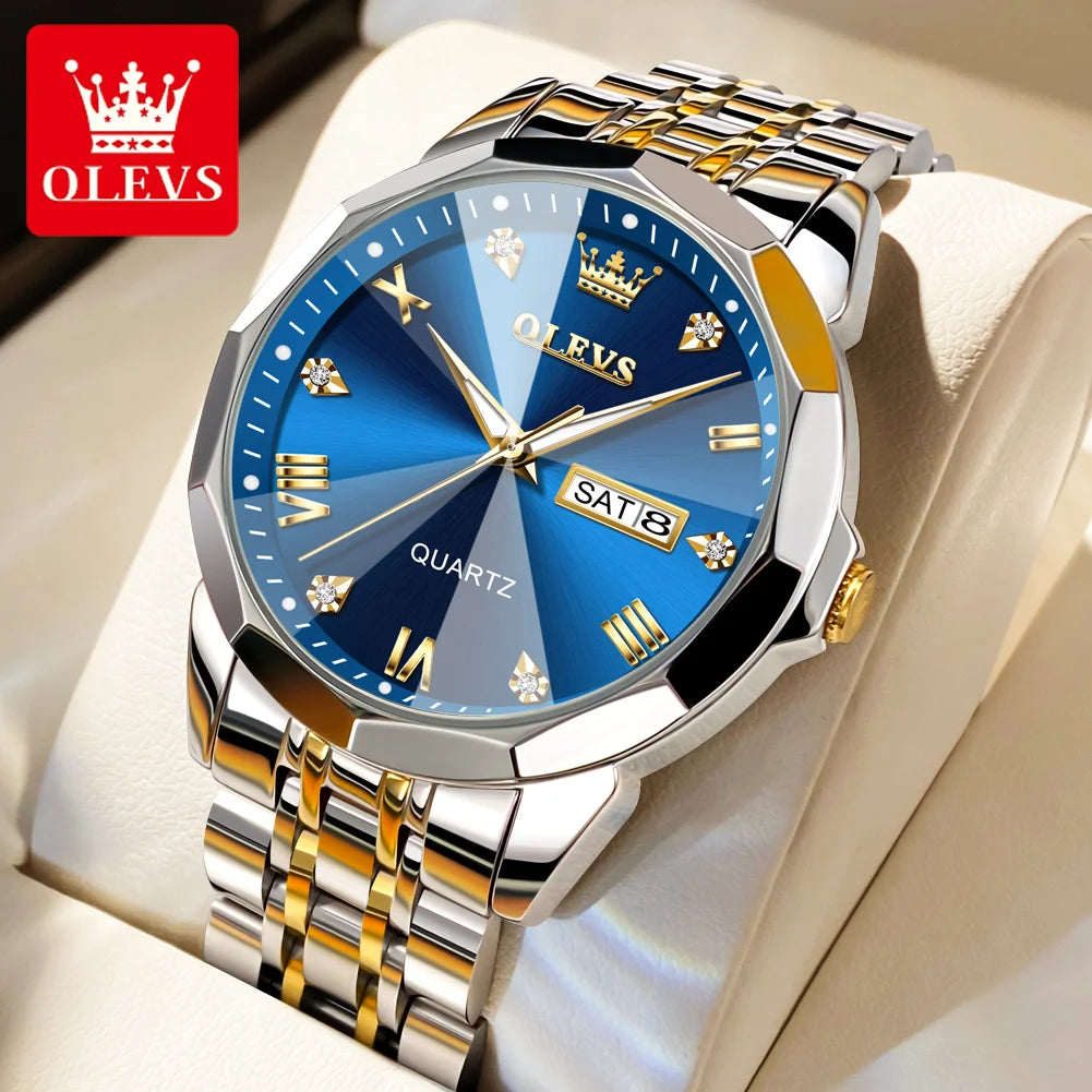 OLEVS Men's Watches Rhombus Mirror Original Quartz Watch for Man Waterproof Luminous Stainless Steel Wristwatch Male Date Week - Bakyat Store