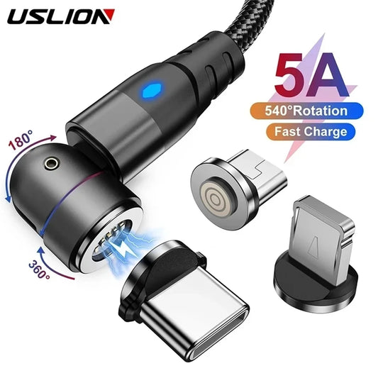 USLION 540 Rotate 5A Magnetic Cable Fast Charging For Mobile Phone Magnet Charger Wire Cord Micro Type C Cable For iPhone Xiaomi - Bakyat Store