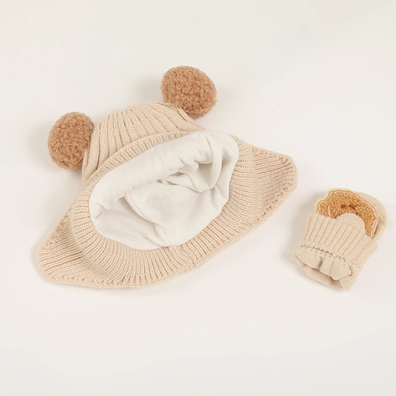 Bear Baby Winter Hat Gloves Set Pompom Infant Bonnet - Bakyat Store