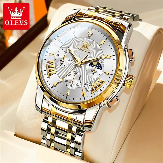 OLEVS Luxury Brand Quartz Watch for Men Waterpoof Chronograph Men's Wristwatch Auto Date Dual Calendar Moon Phase Man Watch New - Bakyat Store