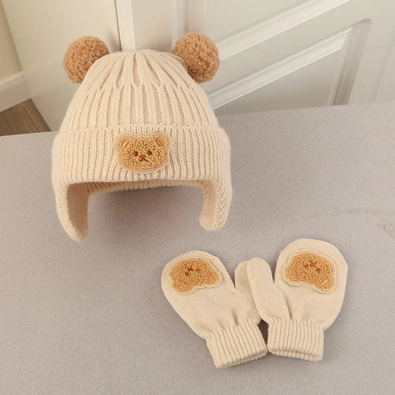 Bear Baby Winter Hat Gloves Set Pompom Infant Bonnet - Bakyat Store