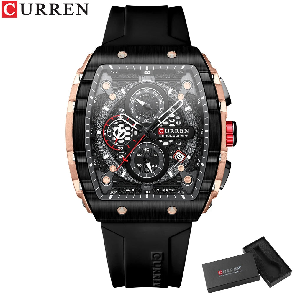 CURREN Sport Chronograph Quartz Watch for Men Fashion Blue Silicone Strap Tonneau Dial Wristwatch with Date 3atm Waterproof - Bakyat Store