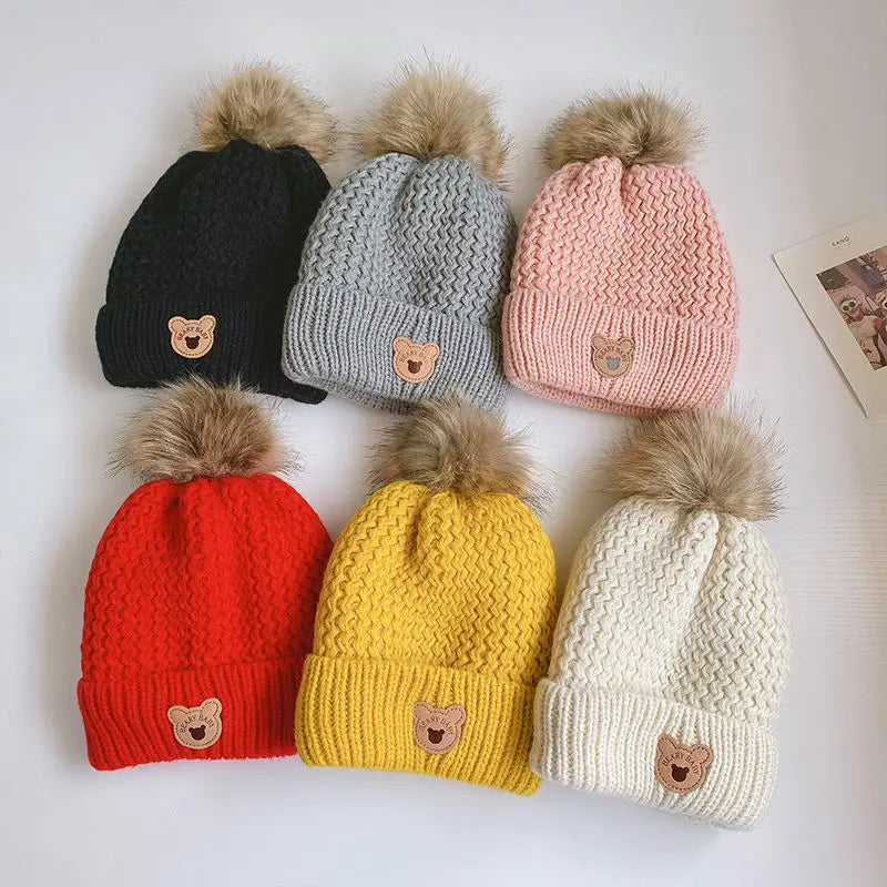 Plush Lining Baby Winter Hat Pompom Kids Beanie Scarf Fur Ball Bear - Bakyat Store