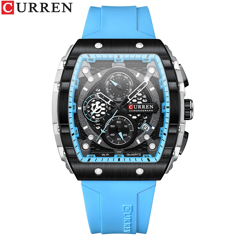 CURREN Sport Chronograph Quartz Watch for Men Fashion Blue Silicone Strap Tonneau Dial Wristwatch with Date 3atm Waterproof - Bakyat Store