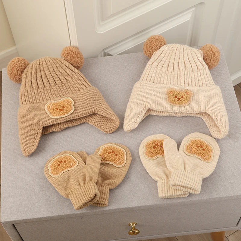 Bear Baby Winter Hat Gloves Set Pompom Infant Bonnet - Bakyat Store