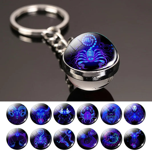 Creative 12 Constellation Key Ring Time Stone Double-Sided Glass Ball Metal Keychain - Bakyat Store