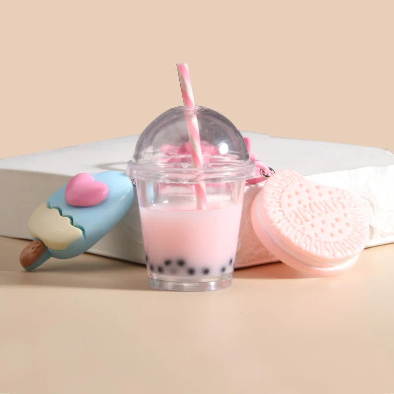 Cute Keychains Ice-cream Bubble Tea Biscuit Pink Key Rings - Bakyat Store