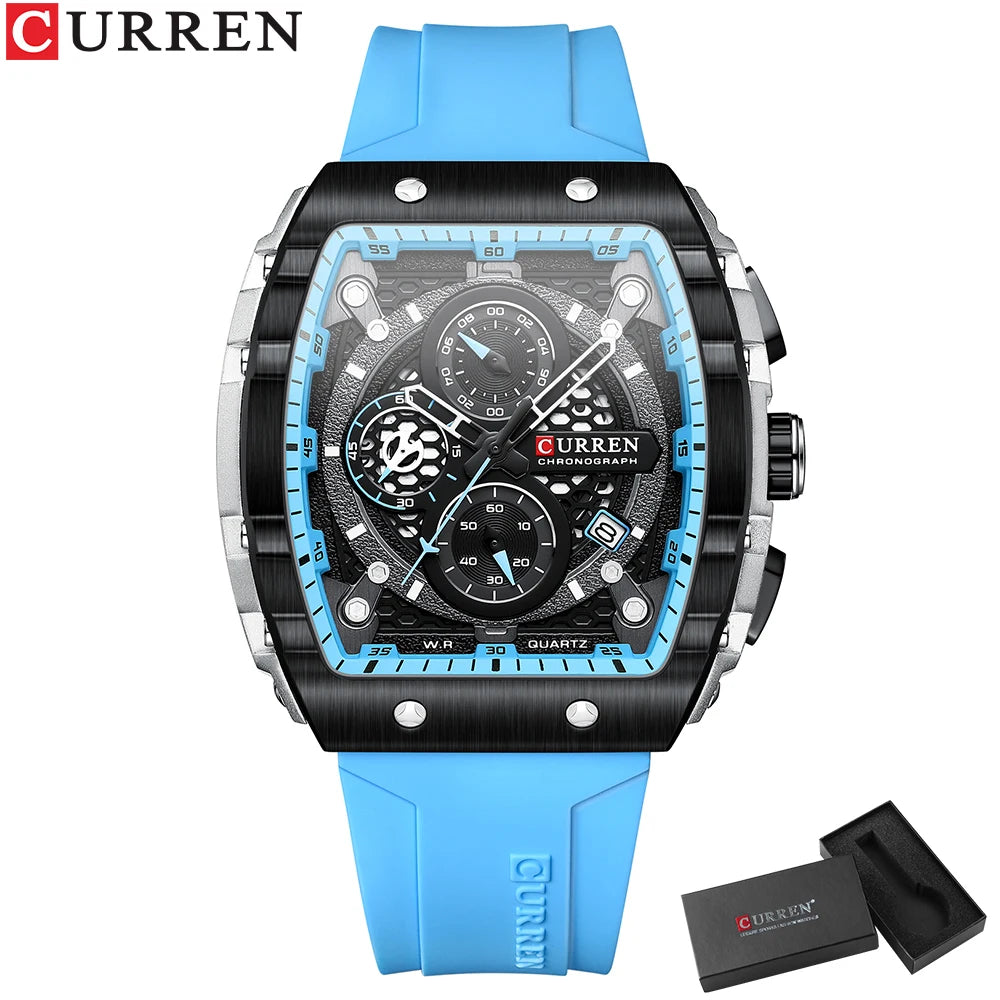 CURREN Sport Chronograph Quartz Watch for Men Fashion Blue Silicone Strap Tonneau Dial Wristwatch with Date 3atm Waterproof - Bakyat Store