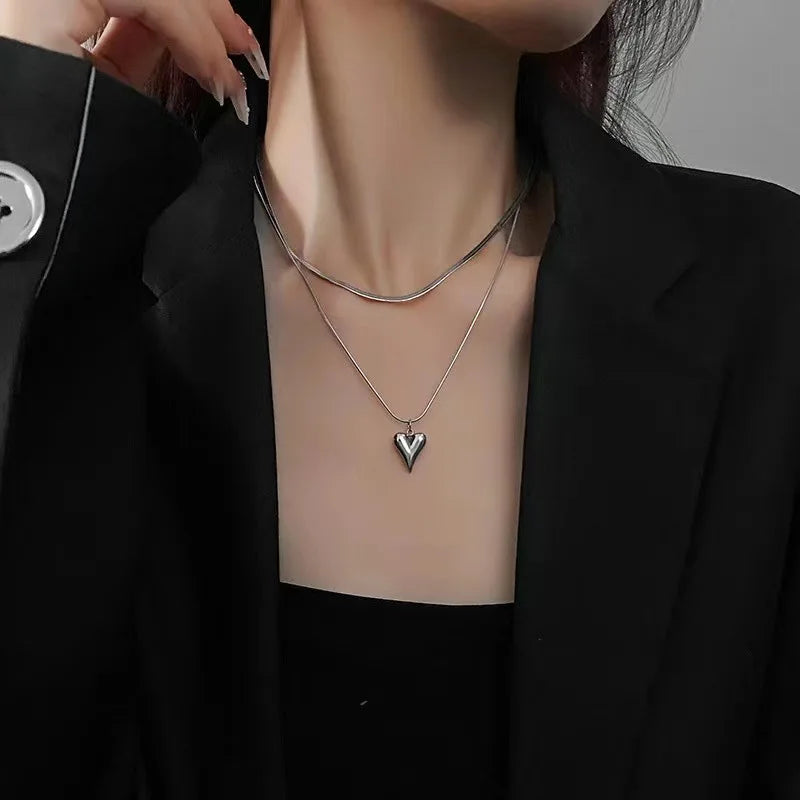 Double Layered Love Heart Pendant Necklace for Women Simple Neck Chain Jewelry - Bakyat Store