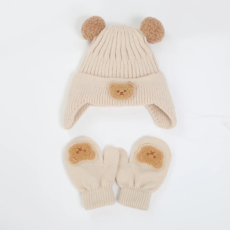 Bear Baby Winter Hat Gloves Set Pompom Infant Bonnet - Bakyat Store