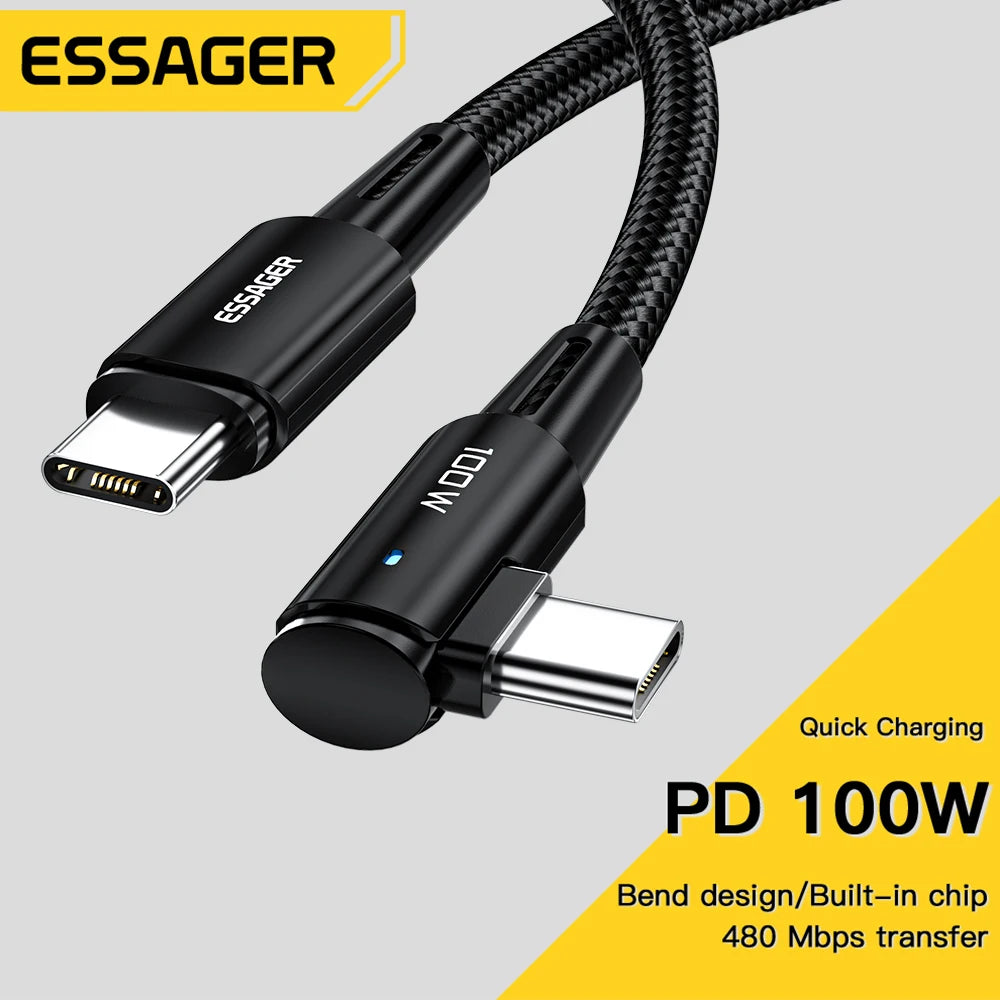 Essager 100W USB Type C To USB C Cable 90 Degree Angle For iPad MacBook Pro Xiaomi Samsung Huawei Fast Charging Type-C Date Wire - Bakyat Store