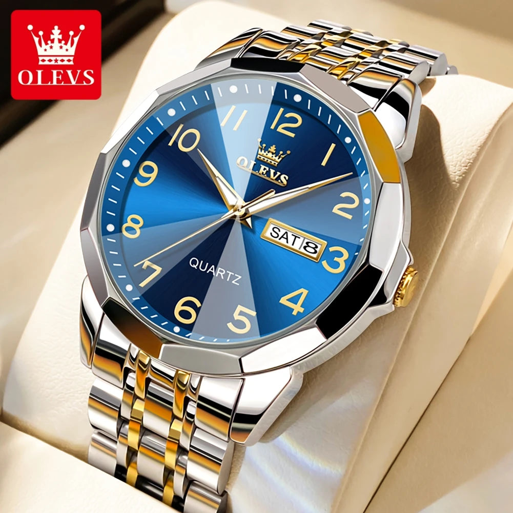 OLEVS Men's Watches Rhombus Mirror Original Quartz Watch for Man Waterproof Luminous Stainless Steel Wristwatch Male Date Week - Bakyat Store