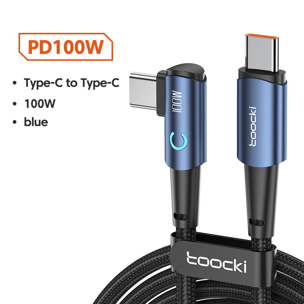 Toocki USB Type C to Type C Cable 90 Degree Angle for Xiaomi Samsung Huawei Macbook iPad 100W Fast Charge Type C Cable Data Wire - Bakyat Store