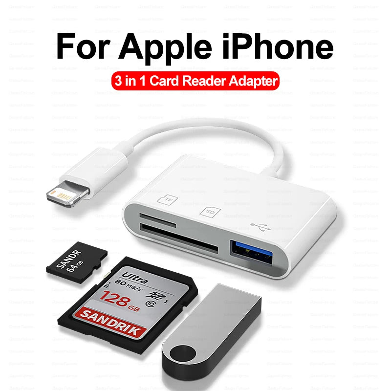 3 In 1 SD TF Card Reader For Apple iPhone 14 12 13 11 Pro Max XR XS USB C Camera Converter For iPad Android Laptop OTG Adapter - Bakyat Store