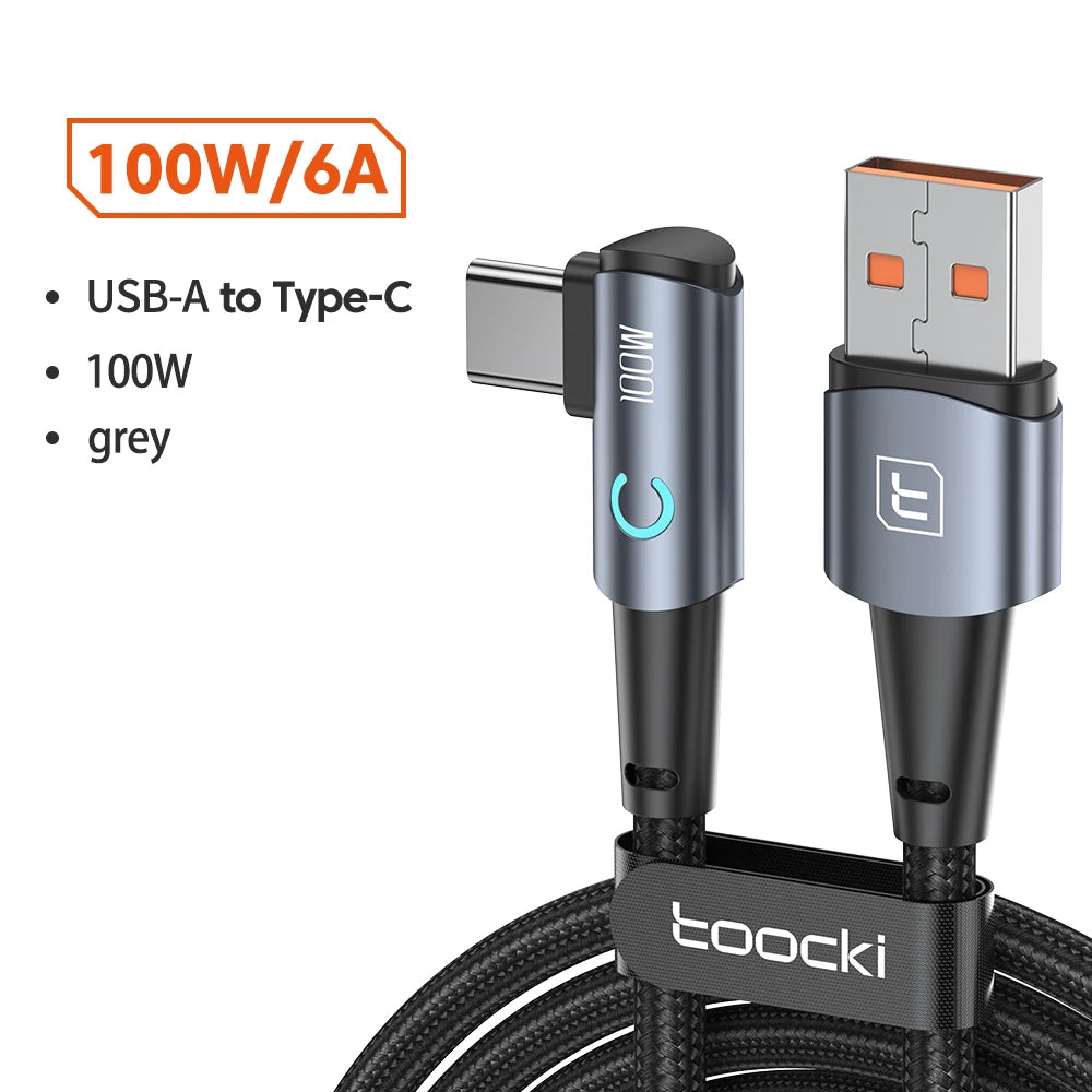 Toocki USB Type C to Type C Cable 90 Degree Angle for Xiaomi Samsung Huawei Macbook iPad 100W Fast Charge Type C Cable Data Wire - Bakyat Store