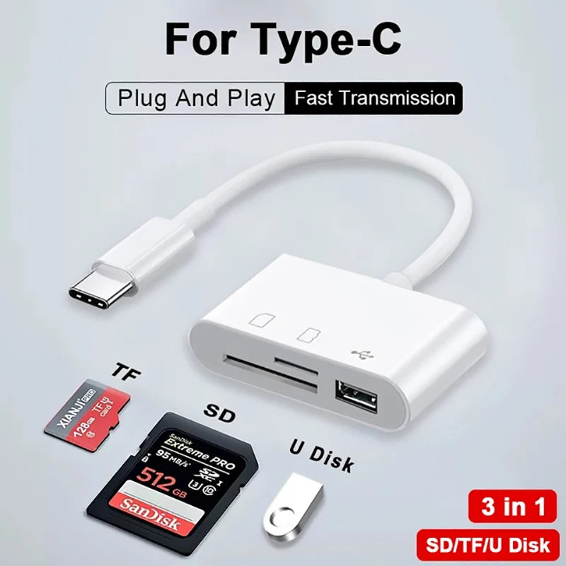 3 In 1 SD TF Card Reader For Apple iPhone 14 12 13 11 Pro Max XR XS USB C Camera Converter For iPad Android Laptop OTG Adapter - Bakyat Store