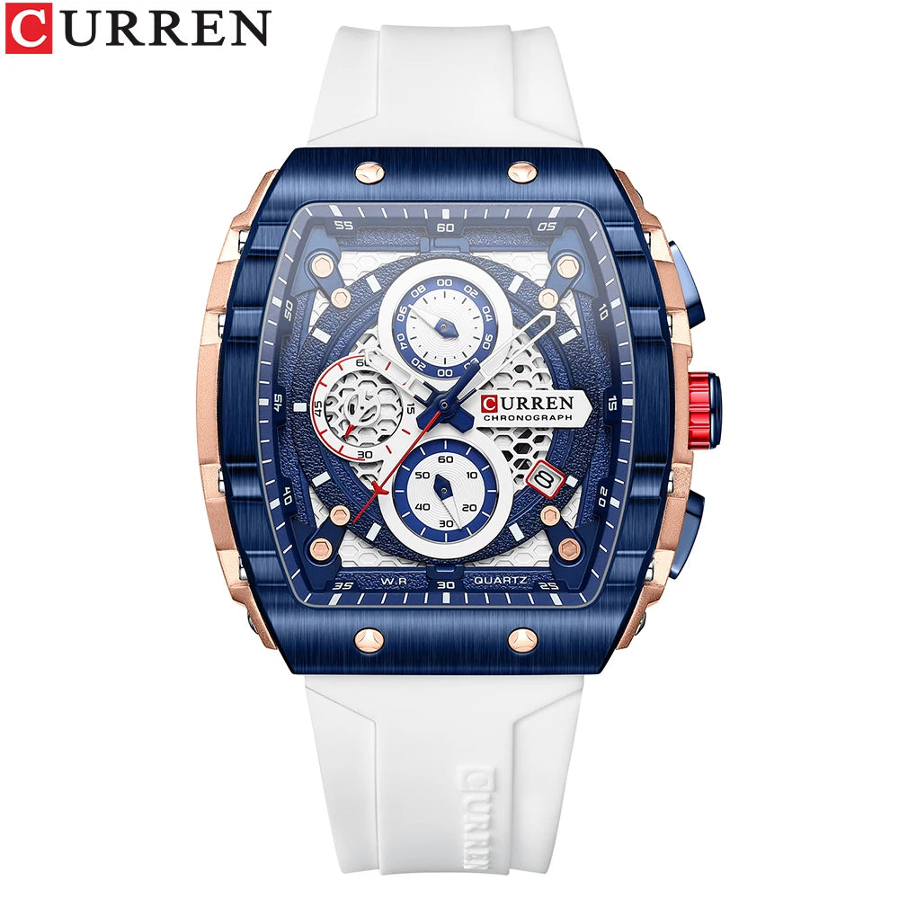 CURREN Sport Chronograph Quartz Watch for Men Fashion Blue Silicone Strap Tonneau Dial Wristwatch with Date 3atm Waterproof - Bakyat Store