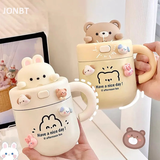 Kawaii Bear Coffee Thermal Cup Insulated Tumbler For Hot Cold Drinks Water Tea Thermos Mug Stainless Steel Cup With Straw Lid - Bakyat Store