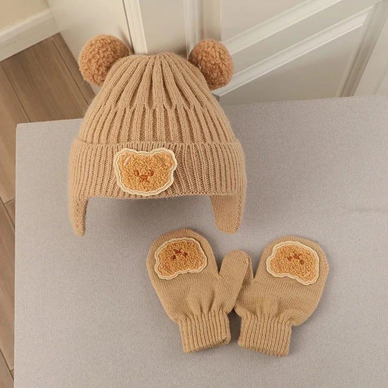 Bear Baby Winter Hat Gloves Set Pompom Infant Bonnet - Bakyat Store