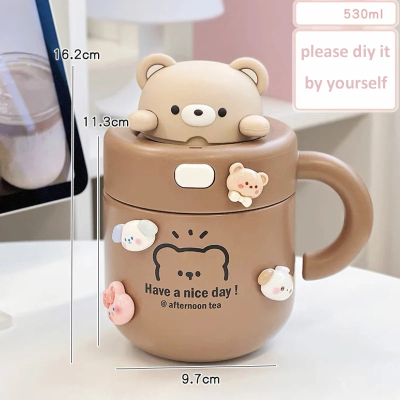 Kawaii Bear Coffee Thermal Cup Insulated Tumbler For Hot Cold Drinks Water Tea Thermos Mug Stainless Steel Cup With Straw Lid - Bakyat Store