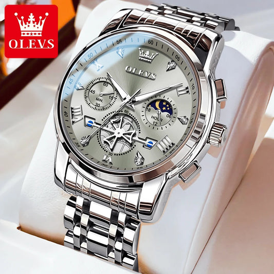 OLEVS Men's Watches Classic Multifunctional Fltwheel Chronograph Original Quartz Wristwatch Moon Phase 24 Hour Waterproof reloj - Bakyat Store