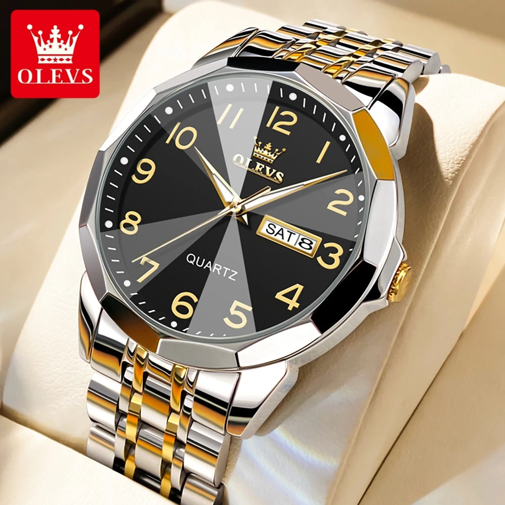 OLEVS Men's Watches Rhombus Mirror Original Quartz Watch for Man Waterproof Luminous Stainless Steel Wristwatch Male Date Week - Bakyat Store