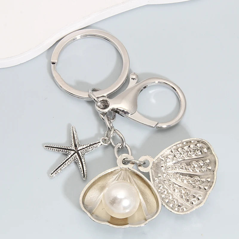 Fashion Pearl Starfish Shell Alloy Keychain Silver Color Sea Key Chains - Bakyat Store