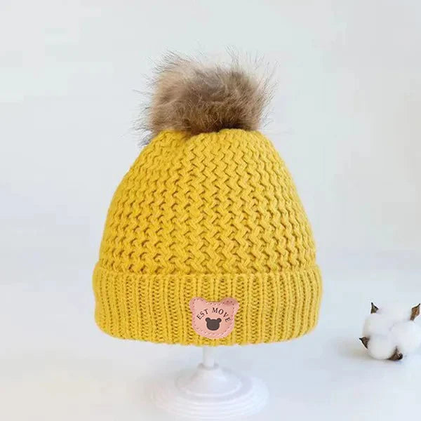 Plush Lining Baby Winter Hat Pompom Kids Beanie Scarf Fur Ball Bear - Bakyat Store