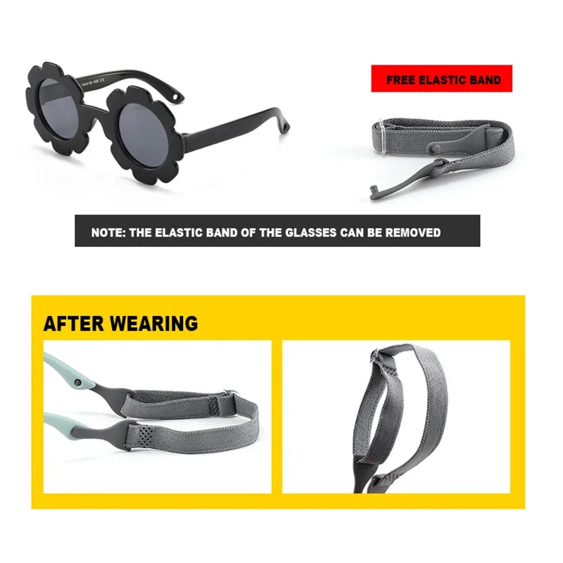 Polarized Sunglasses with Belt Flexible Durable Round Flower Silicone Frame Mirrored UV400 Lens - Bakyat Store