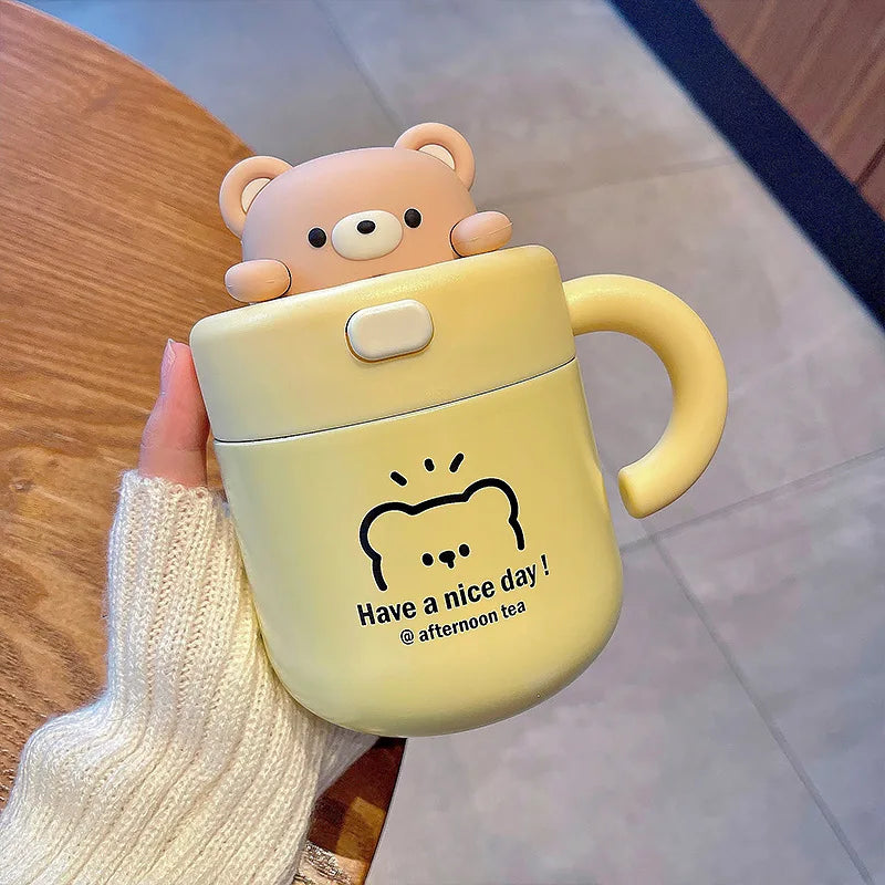 Kawaii Bear Coffee Thermal Cup Insulated Tumbler For Hot Cold Drinks Water Tea Thermos Mug Stainless Steel Cup With Straw Lid - Bakyat Store