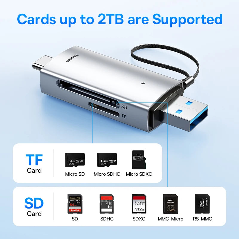 Baseus Card Reader USB C & USB3.0 to SD Micro SD TF Memory Card Device 104MB/s 2TB Smart Cardreader for Laptop Accessories - Bakyat Store