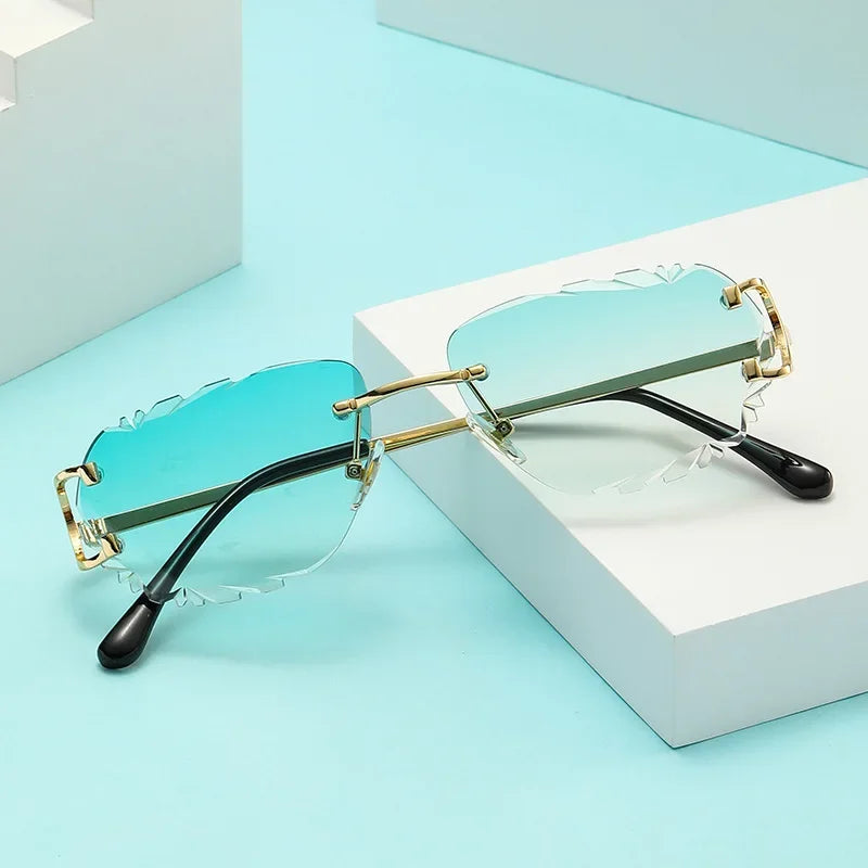 Rimless Sun Glasses Fashion Shades Irregular Cutting Lens - Bakyat Store