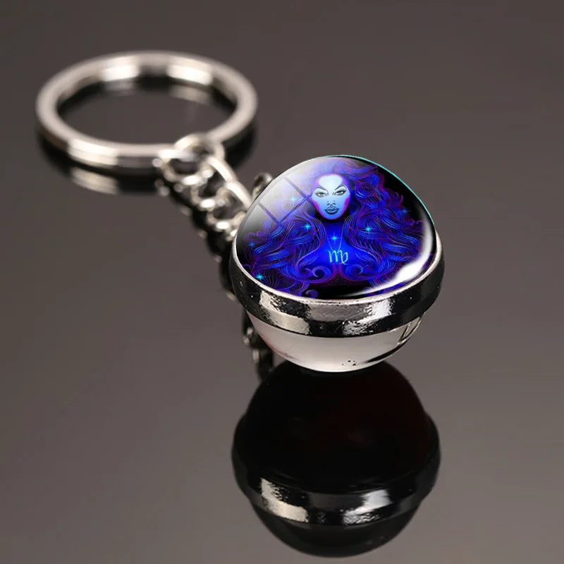 Creative 12 Constellation Key Ring Time Stone Double-Sided Glass Ball Metal Keychain - Bakyat Store