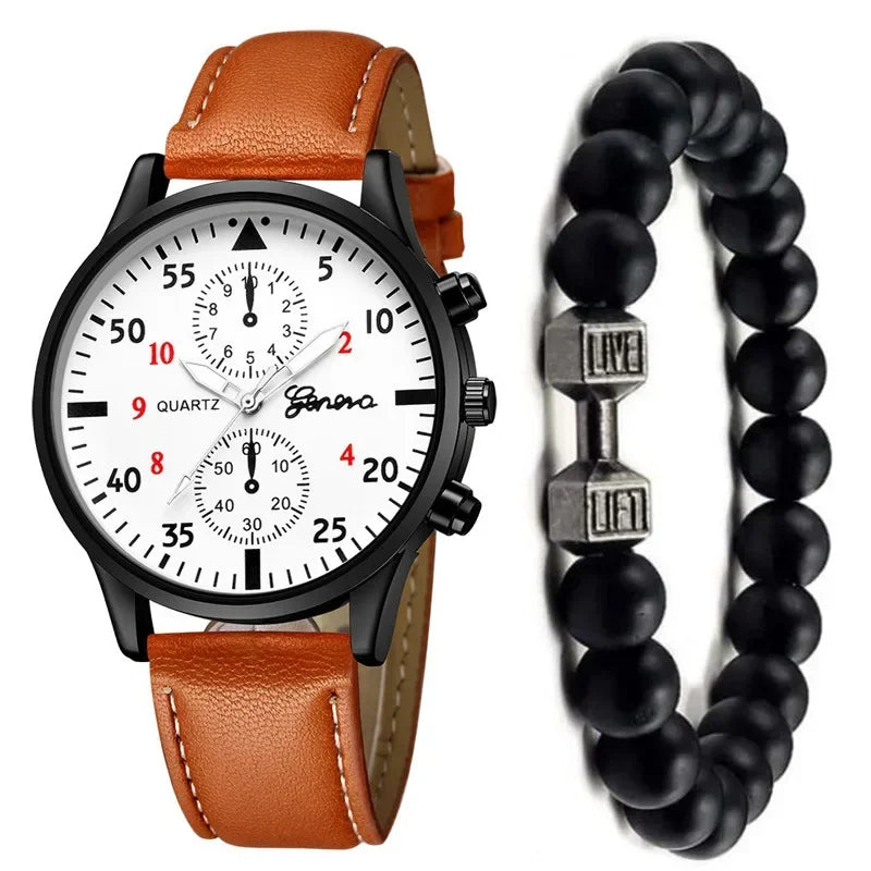 4/2/1pcs Men Sports Watches Set Man Business Quartz Wristwatch Luxury Brown Leather Bracelet Men Casual Clock Watch（no Box） - Bakyat Store