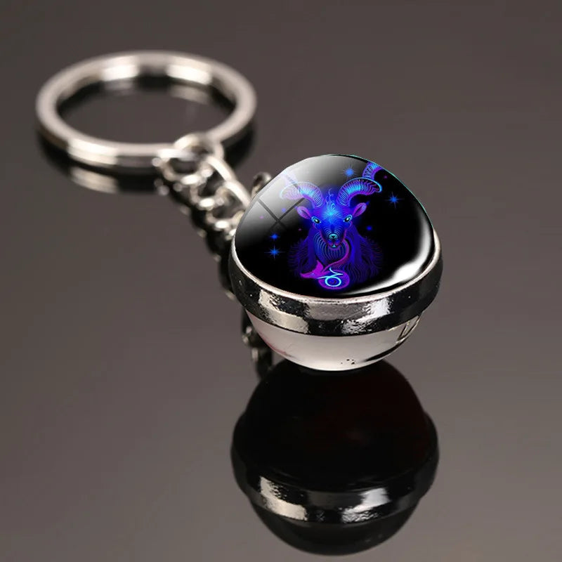 Creative 12 Constellation Key Ring Time Stone Double-Sided Glass Ball Metal Keychain - Bakyat Store