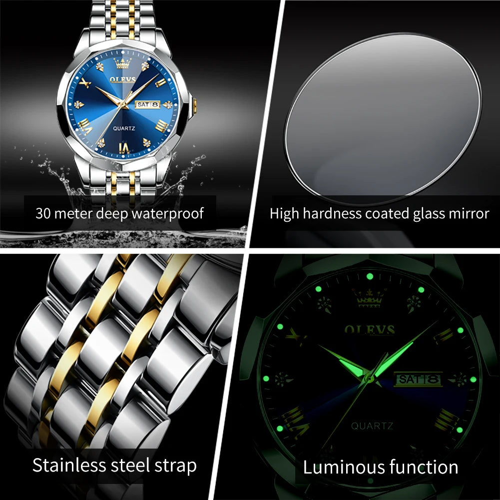 OLEVS Men's Watches Rhombus Mirror Original Quartz Watch for Man Waterproof Luminous Stainless Steel Wristwatch Male Date Week - Bakyat Store