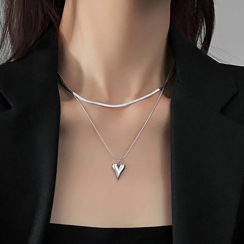 Double Layered Love Heart Pendant Necklace for Women Simple Neck Chain Jewelry - Bakyat Store