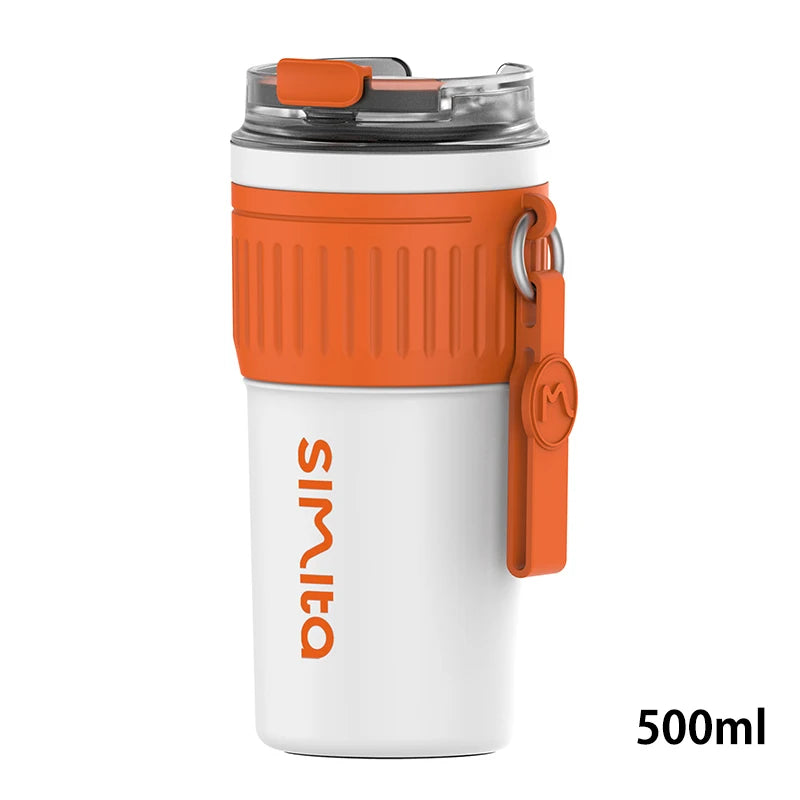 FEIJIAN Stainless Steel Coffee Cup Coffee Mug Thermos Cup Portable Travel Mug With Lifting Rope Leak-Proof Non-Slip 500ml/400ml - Bakyat Store