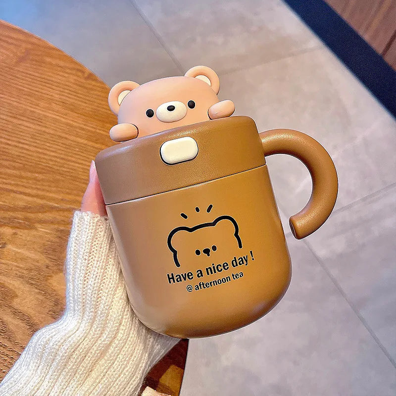 Kawaii Bear Coffee Thermal Cup Insulated Tumbler For Hot Cold Drinks Water Tea Thermos Mug Stainless Steel Cup With Straw Lid - Bakyat Store