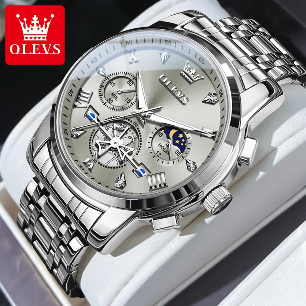 OLEVS Men's Watches Classic Multifunctional Fltwheel Chronograph Original Quartz Wristwatch Moon Phase 24 Hour Waterproof reloj - Bakyat Store