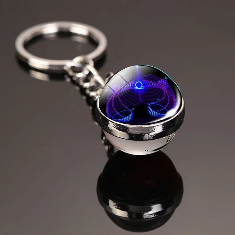 Creative 12 Constellation Key Ring Time Stone Double-Sided Glass Ball Metal Keychain - Bakyat Store