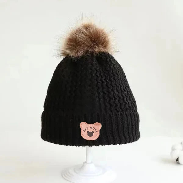 Plush Lining Baby Winter Hat Pompom Kids Beanie Scarf Fur Ball Bear - Bakyat Store