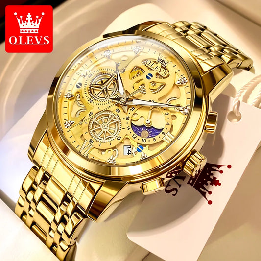 OLEVS Men's Watches Top Brand Luxury Original Waterproof Quartz Watch for Man Gold Skeleton Style 24 Hour Day Night New - Bakyat Store