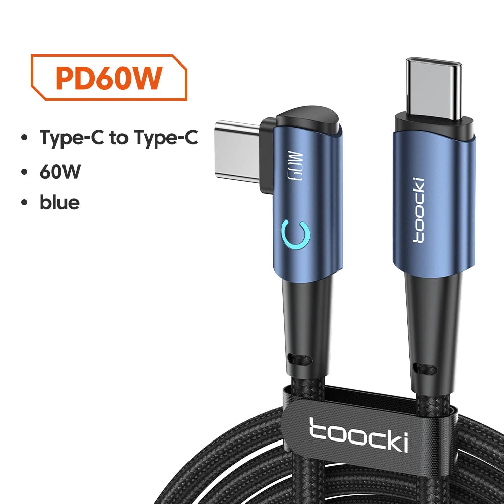 Toocki USB Type C to Type C Cable 90 Degree Angle for Xiaomi Samsung Huawei Macbook iPad 100W Fast Charge Type C Cable Data Wire - Bakyat Store