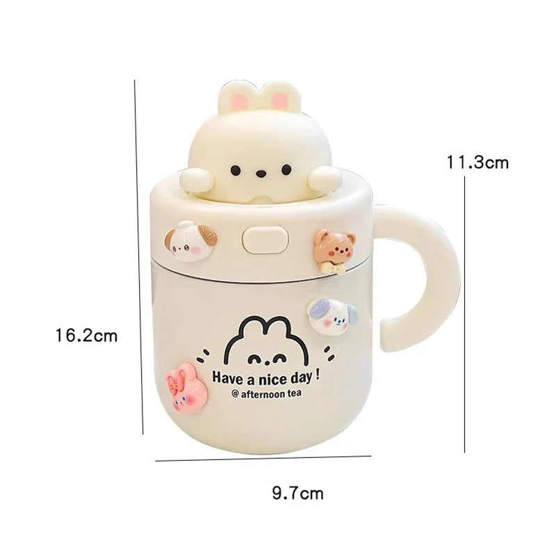 Kawaii Bear Coffee Thermal Cup Insulated Tumbler For Hot Cold Drinks Water Tea Thermos Mug Stainless Steel Cup With Straw Lid - Bakyat Store