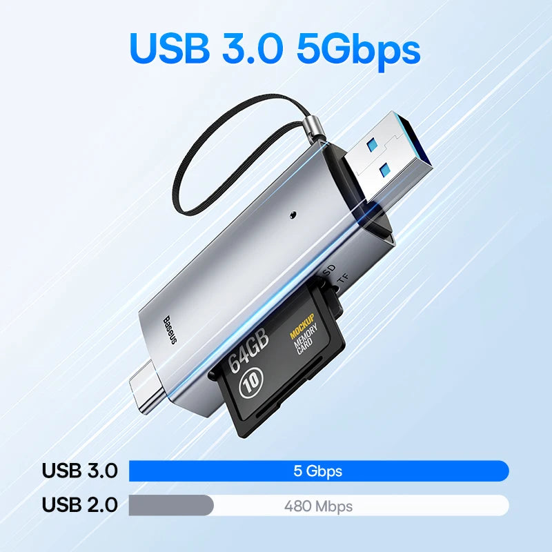 Baseus Card Reader USB C & USB3.0 to SD Micro SD TF Memory Card Device 104MB/s 2TB Smart Cardreader for Laptop Accessories - Bakyat Store